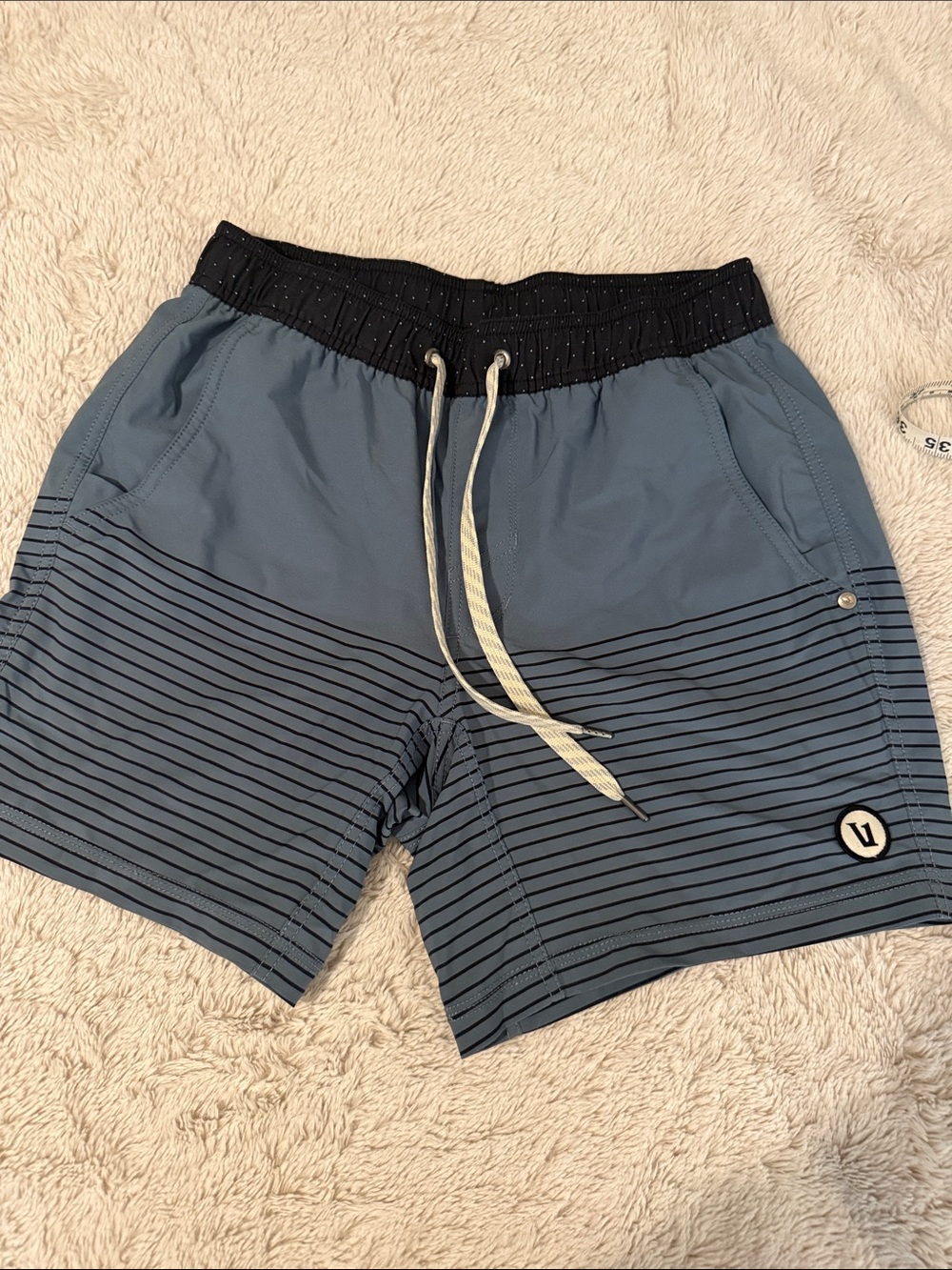 Vuori Blue & Black Striped Men’s Board Shorts